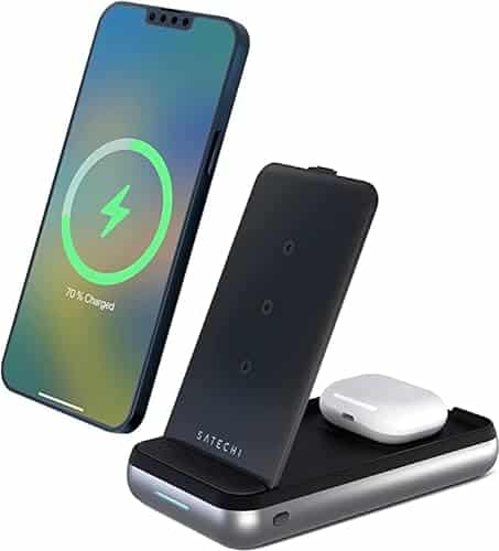 SATECHI Duo Wireless Ladestation & 10000 mAh Power Bank – Tragbare Power Bank – 3 in 1 Wireless Charging Stand – Für iPhones 14/13/12/11/X/8, AirPods Pro & AirPods Gen 3/2, M2/M1 iPad & mehr