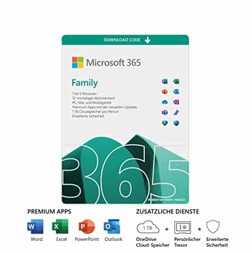 Microsoft 365 Family (inkl. Microsoft Defender) | 6 Nutzer | Mehrere PCs/Macs, Tablets und mobile Geräte | 1 Jahresabonnement |Download Code