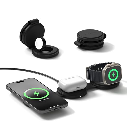 SATECHI OntheGo™ 3-in-1 Wireless Ladegerät, tragbares Qi2 Ladegerät mit 15W Schnellladung für iPhone 17 bis 12, 5W für Apple Watch und 5W für AirPods, magnetische Reiseladestation – Schwarz