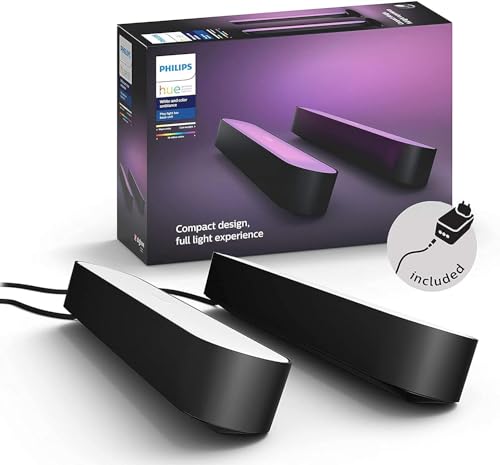 Philips Hue White & Color Ambiance Play Lightbar 2er Pack Basis-Set (500 lm), dimmbare LED-Lightbar für das Hue Lichtsystem mit 16 Mio. Farben, smarte Lichtsteuerung über Sprache oder App, schwarz