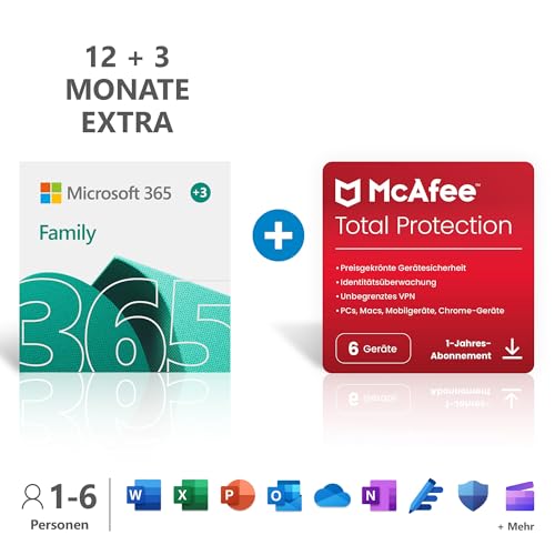 Microsoft 365 Family 12+3 Monate Abonnement | 6 Nutzer | Mehrere PCs/Macs, Tablets/mobile Geräte |Download Code + McAfee Total Protection |6 Geräte |12 Monate Abonnement | Download Code