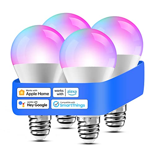 meross Smart WLAN Glühbirne für HomeKit Wifi Lampe LED Mehrfarbige Dimmbare Glühbirne RGBWW kompatibel mit Siri, Alexa, Google Home und SmartThings, E27 Warmweiß, 4 St.