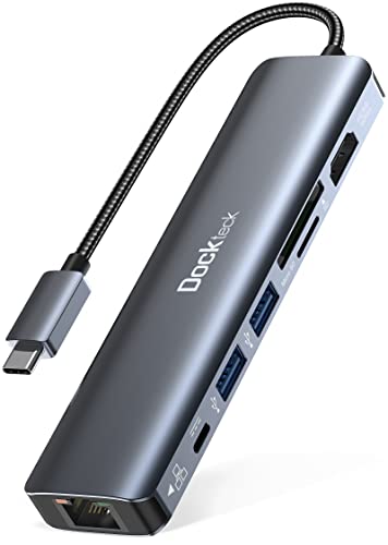 USB C Hub Dockteck 7-in-1 Dock DD0003 USB C Adapter, Ethernet LAN RJ45, 4K 60Hz HDMI, 100W Power Delivery, 2 USB 3.0 Ports und SD/microSD für MacBook M1, iPad Pro, Surface Pro und Mehr