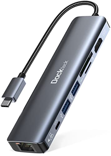 USB C Hub Dockteck 7-in-1 Dock DD0003 USB C Adapter, Ethernet LAN RJ45, 4K 60Hz HDMI, 100W Power Delivery, 2 USB 3.0 Ports und SD/microSD für iPhone 15 Pro MacBook M1, iPad Pro, Surface Pro und Mehr