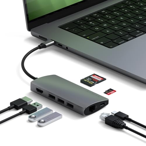 SATECHI 8-in-1 USB-C Hub Multiport-Adapter, 4K HDMI, 115W USB-C-PD-Ladefunktion, 3 USB-A Ports, Ethernet, Micro/SD-Slots, für Laptop, MacBook Pro/Air M4/M3, iPad, iPhone 16, Windows – Space Grau