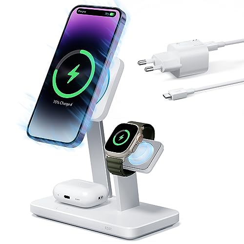 ESR 25W 3 in 1 Ladeständer für MagSafe, hergestellt für Apple-zertifiziertes magnetisches kabelloses Ladegerät, 15W Ladestation für MagSafe und iPhone 16/15/14/13, Apple Watch/AirPods 4/3/Pro, Weiß
