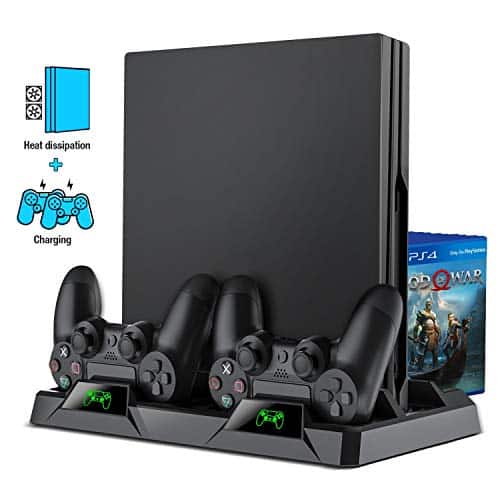 PS4 Vertical Stand, BEBONCOOL All-in-One PS4 Vertikaler Standfuß Ständer Halter Lüfter für Playstation 4 Pro/Slim, PS4 Controller Ladesation Dualshock 4 Ladestation für PS4/PS4 Slim/PS4 Pro Controller