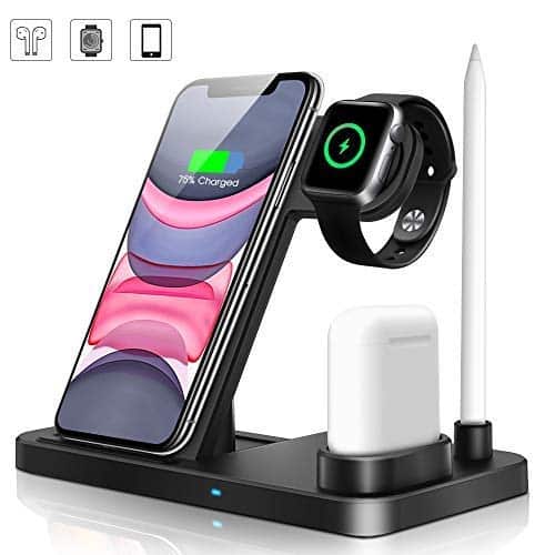 LECHLY Kabelloses Ladegerät, 4 in 1 Induktive ladestation mit Stift Ladestation Ständer Wireless Charger für iWatch 5/4/3/2/1, Airpods, iPhone 11/Pro Max/XS/XR/X/8,Galaxy S10/S9 und mehr (bt-jq)