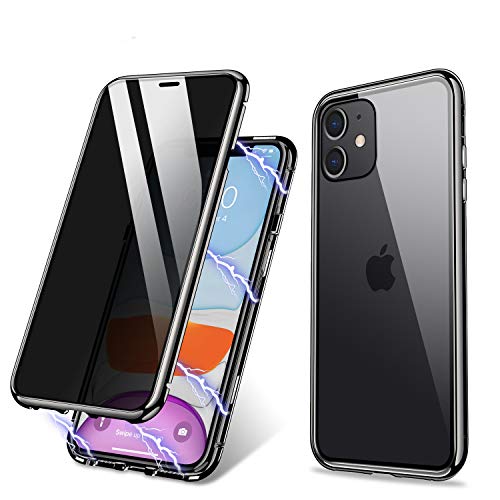 ZHIKE iPhone 11 Hülle, Anti-Peep Magnetic Adsorption Hülle Vorne und Hinten Gehärtetes Glas Vollbild-Abdeckung Einteiliges Design Flip Privacy Cover für Apple iPhone 11(Anti-Spion-Klar Schwarz)