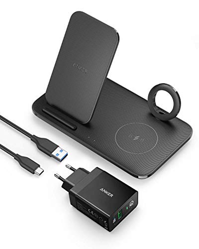 Anker PowerWave 3-in-1 Ladestation mit Netzteil, Qi-zertifiziertes Ladepad für Apple Watch, iPhone 14/14 Pro/14 Pro Max/13/12, SE, AirPods Pro 2 (Watch Ladekabel Nicht im Lieferumfang enthalten)