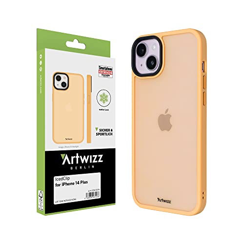 Artwizz IcedClip Hülle kompatibel mit iPhone 14 Plus - Mattes Vereistes Design, Rückseite mit Soft-Touch-Beschichtung, Stoßfeste Schutzhülle, Tiger-Orange