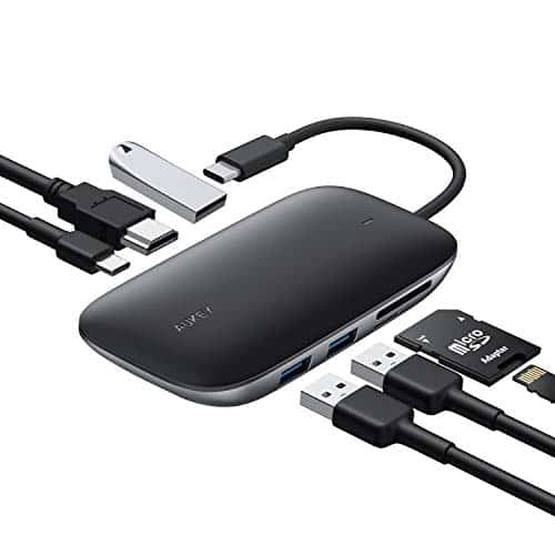 AUKEY USB C Hub 7 in 1 mit 3 USB 3.0 Anschlüssen, SD & MicroSD Kartensteckplätzen, HDMI Anschluss und USB PD Schnelllade Port USB C Adapter Kompatibel mit MacBook Pro, Dell XPS 15 und Weiteren Geräten