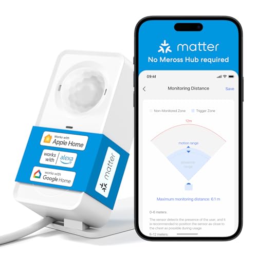 Meross Matter Präsenzmelder, Smart Anwesenheitssensor mit Kabel, WLAN Bewegungsmelder Innen mit App-Benachrichtigung für die Heimsicherheit, Funktioniert mit Apple HomeKit, Alexa, Google Home