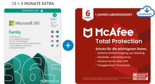 Microsoft 365 Family 12+3 Monate Abonnement | 6 Nutzer | Mehrere PCs/Macs, Tablets/mobile Geräte | Download Code + McAfee Total Protection 2022 | 6 Geräte |12 Monate Abonnement | Download Code