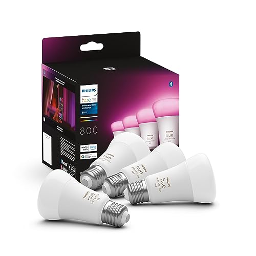 Philips Hue White & Color Ambiance E27 LED Lampen 4-er Pack (806 lm), dimmbare LED Leuchtmittel für das Hue Lichtsystem mit 16 Mio. Farben, smarte Lichtsteuerung über Sprache und App