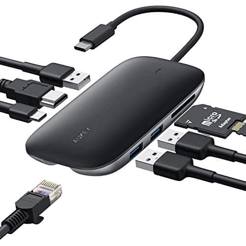 AUKEY USB-C Hub 8 in 1 USB Type C Hub mit Ethernet Port, USB C auf 4K HDMI, 3 USB 3.0 Ports, 100W USB C PD Ladeanschluss, TF Micro SD Kartenleser für MacBook Pro Air, Chromebook Pixel, USB C Laptops