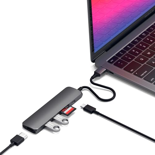 SATECHI 6-in-1 USB-C Hub Slim, Multiport-Adapter, Dockingstation mit 4K HDMI, 60W Power Delivery, 2X USB-A, SD/MicroSD-Kartenleser – Space Grau