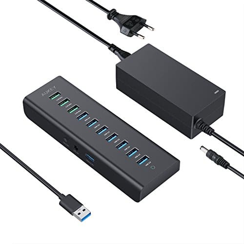 AUKEY USB 3.0 Hub 10 Port mit 7 Datenports und 3 Ladeports 2.4A mit 48W Netzteiladapter, On/Off Switch und USB 3.0 Kabel 3.3ft/1m USB Datenhub für Windows XP/Vista/7/8/10, iMac, MacBook Air/Pro/Mini, MacOS und Linux, usw.