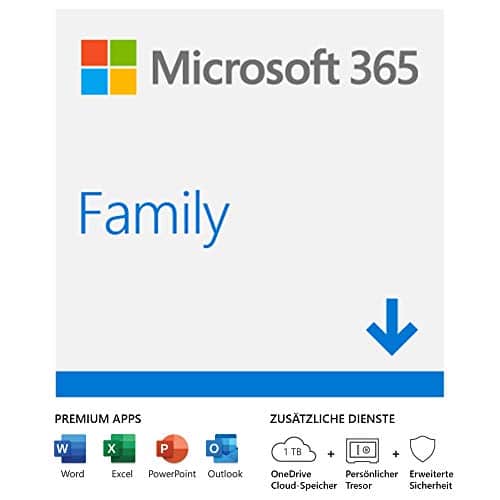 Microsoft 365 Family | 6 Nutzer | Mehrere PCs/Macs, Tablets und mobile Geräte | 1 Jahresabonnement | Download Code