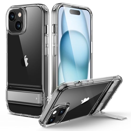 ESR für iPhone 15 Hülle, Metall Ständer Case, 3 Standmodi, Militärnorm Sturzschutz, unterstützt kabelloses Laden, dünne Rückseite mit patentiertem Kickstand, Boost-Serie, Klar
