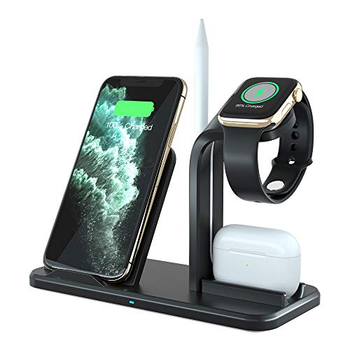 Ladestation Ständer für Apple Watch 5/4/3/2/1 (QC3.0 Adapter Enthalten) Schnelles kabelloses Induktives Ladegerät für AirPods,iWatch,iPhone 11 Pro/11/XS MAX/XR/X/8,Samsung Galaxy S10/S9/S8 und mehr