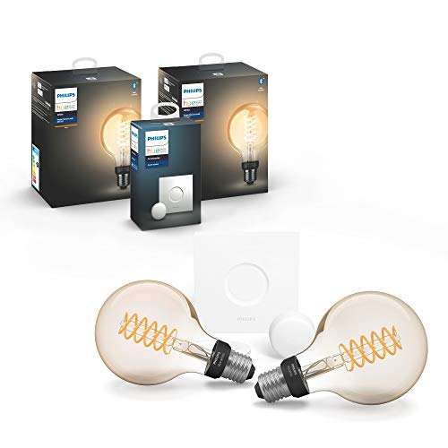 Philips Hue White Filament E27 LED Globe 2-er Pack inkl. Hue Smart Button, dimmbar, warmweißes Licht, steuerbar via App, kompatibel mit Amazon Alexa (Echo, Echo Dot)