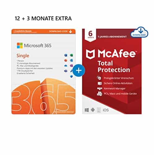 Microsoft 365 Single 12+3 Monate Abonnement | 1 Nutzer | Mehrere PCs/Macs, Tablets und mobile Geräte | Download Code + McAfee Total Protection | 6 Geräte | 12 Monate Abonnement | Download Code