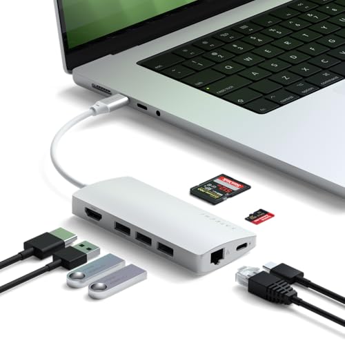 SATECHI USB C Hub 8 in 1 Multiport V2 mit 4K-HDMI, 60W PD-Aufladung, 3 USB-A, Ethernet, microSD/SD-Kartenleser, für MacBook, Windows und USB-C-Geräte – Silber