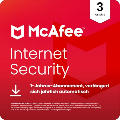 McAfee Internet Security (3 Geräte) 2025 |Echtzeitschutz für PCs vor neuen und dynamischen Bedrohungen | 1-Jahres-Abonnement mit automatischer Verlängerung | Download