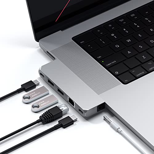 Satechi Type-C Pro Hub Mini Adapter – USB4, USB-A 3.0 Daten, Gigabit Ethernet, USB-C Daten und Audiobuchse – Kompatibel mit 2021 MacBook Pro M1 Pro & M1 Max, 2020 MacBook Air/Pro M1 (Silber)