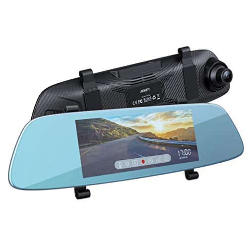 AUKEY Dashcam Spiegel 6.8 Zoll LCD-Touchscreen Rückfahrkamera mit 1080p Frontkamera und 720p Rückkamera Wasserfes Autokamera mit Parkmodus, G-Sensor, Bewegungserkennung, Loop