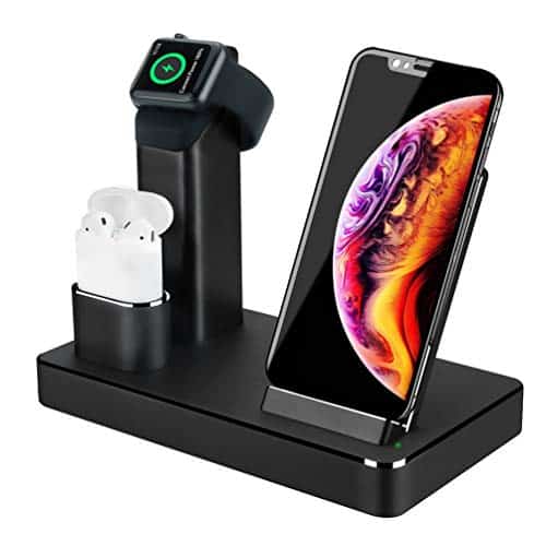 3 in 1 Ladestation Stand für Apple Watch AirPods iPhone, Aluminium Induktive Qi Ladestation, 7.5W Fast Wireless Charger für iPhone X/XS/Max/XR/8/Plus, 10W Induktions Ladegerät für Samsung