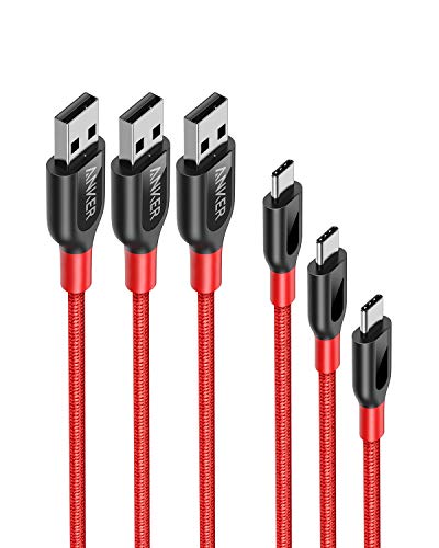 Anker [3-Pack] Powerline+ USB-C Kabel, für Galaxy S8, S8+, S9, S10, MacBook, Sony XZ, LG V20 G5 G6, HTC 10, Xiaomi 5 und viele mehr (Rot)(0.9m+1.8m+3m)