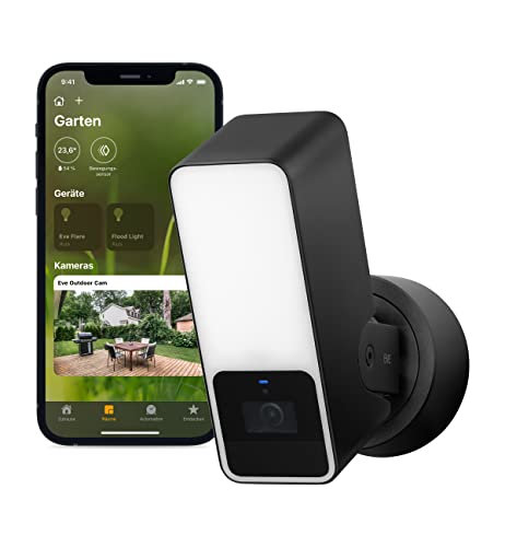 Eve Outdoor Cam-Smarte Außenkamera mit Flutlicht, Sicherheit & Privatsphäre (HomeKit Secure Video), 1080p, Nachtsicht, WLAN (2,4 GHz), Bewegungsmelder, Gegensprechanlage, Flexible Installation, Black