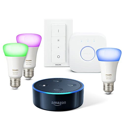 Amazon Echo Dot (2. Gen.), Schwarz inkl. Philips Hue White & Colour E27 Starter Set mit Bridge