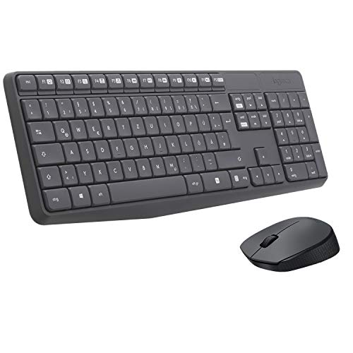 Logitech MK235 Kabelloses Set mit Tastatur und Maus für Windows, 2,4 GHz kabelloser Unifying-USB-Empfänger, 15 FN-Tasten, Lange Batterielaufzeit, PC, Laptop, Deutsches QWERTZ-Layout - Grau