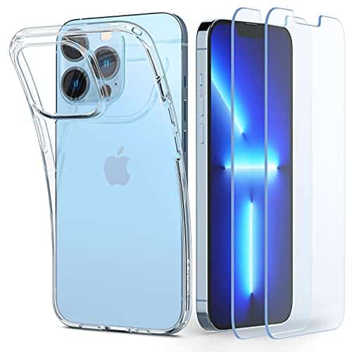 Spigen Crystal Pack Kompatibel mit iPhone 13 Pro Max Hülle 2 gehärtete Gläser enthalten Handyhülle dünn transparent silikon -Crystal Clear