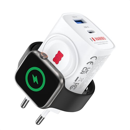 Haribo Ladegerät für Apple Watch, 3-in-1 20W USB C iPhone Ladegerät PD 3,0 Schnellladegerät für Apple Watch 10/9/8/7/Ultra/SE, USB C Netzteil für iPhone 17/16/15 Pro Max, Reisen Kompakt Geschenk, Rot