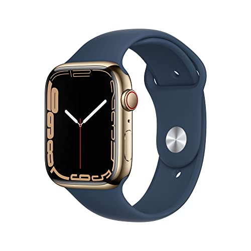 Apple Watch Series 7 (GPS + Cellular, 45mm) Smartwatch - Edelstahlgehäuse Gold, Sportarmband Abyssblau - Regular. Fitnesstracker, Blutsauerstoff und EKGApps, Always-On Retina Display, Wasserschutz