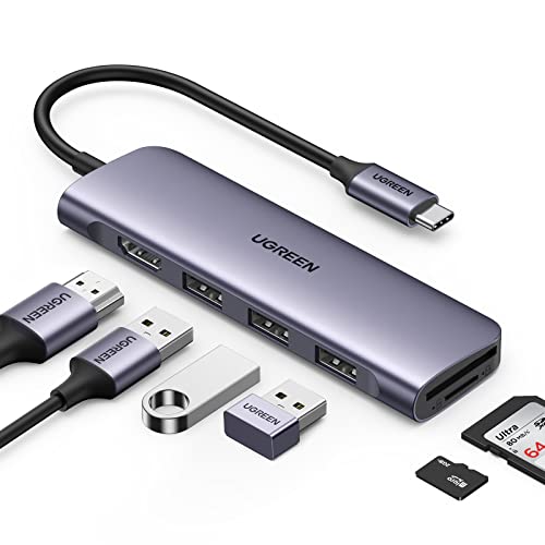 UGREEN USB C Hub, 6 in 1 USB C Adapter mit 4K HDMI Ausgang, SD/TF Kartenleser, 3 USB C 3.0 Ports, kompatibel mit MacBook Pro/Air, Surface Pro 9/8, iPad, Galaxy S23 und mehr Typ C Geräten(Grau)