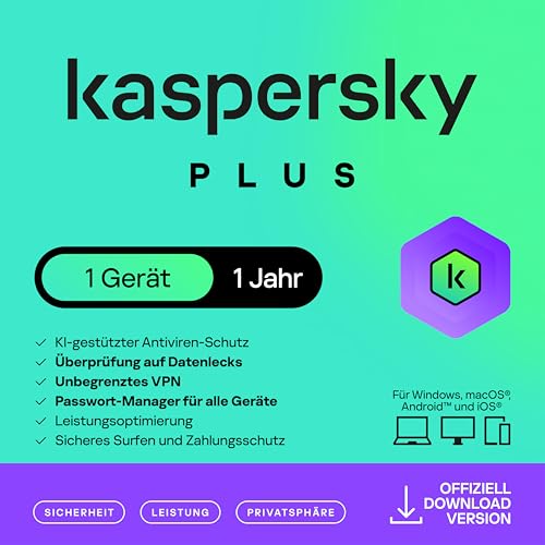 Kaspersky Plus Internet Security 2025 | 1 Gerät | 1 Jahr | Anti-Phishing und Firewall | Unbegrenzter VPN | Passwort-Manager | Online-Banking Schutz | PC/Mac/Mobile | Aktivierungscode per Email