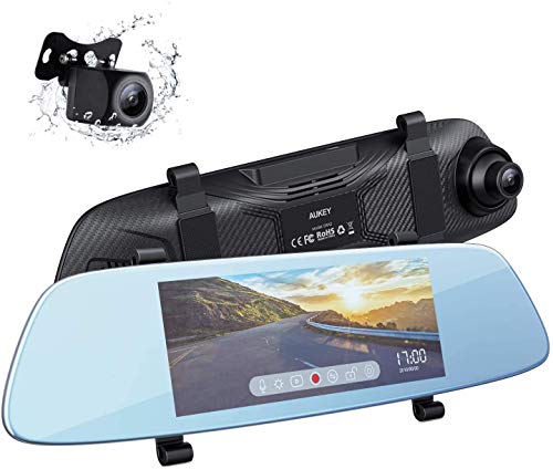 AUKEY Dashcam Spiegel 6.8 Zoll LCD-Touchscreen Rückfahrkamera mit 1080p Frontkamera und 720p Rückkamera Wasserfes Autokamera mit Parkmodus, G-Sensor, Bewegungserkennung, Loop