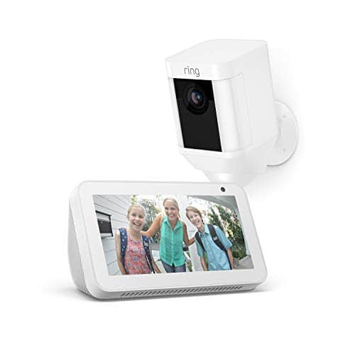 Ring Spotlight Cam Battery, Weiß + Echo Show 5, Weiß, funktioniert mit Alexa
