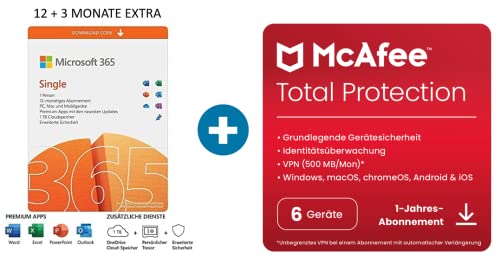 Microsoft 365 Single 12+3 Monate Abonnement | 1 Nutzer | Mehrere PCs/Macs, Tablets und mobile Geräte | Download Code + McAfee Total Protection 2022 | 6 Geräte | 12 Monate Abonnement | Download Code