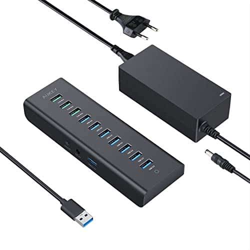 AUKEY USB 3.0 Hub 10 Port mit 7 Datenports und 3 Ladeports mit 48W Netzteiladapter, On/Off Switch und USB 3.0 Kabel USB Datenhub für Windows XP/Vista/7/8/10, iMac, MacBook Air/Pro/Mini und Linux usw.