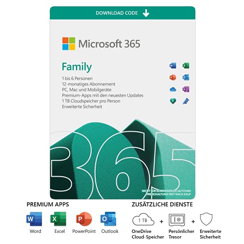 Microsoft 365 Family (inkl. Microsoft Defender) | 6 Nutzer | Mehrere PCs/Macs, Tablets und mobile Geräte | 1 Jahresabonnement |Download Code