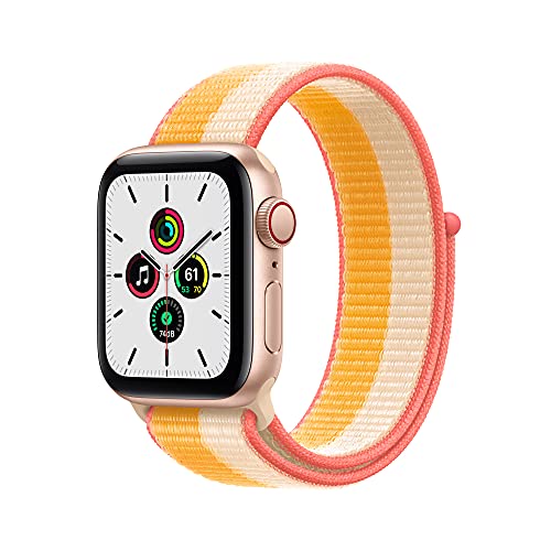 Apple Watch SE (1. Generation) (GPS + Cellular, 40mm) Smartwatch - Aluminiumgehäuse Gold, Sport Loop Indischgelb/Weiß. Fitness-und Aktivitätstracker, Herzfrequenzmesser, Wasserschutz