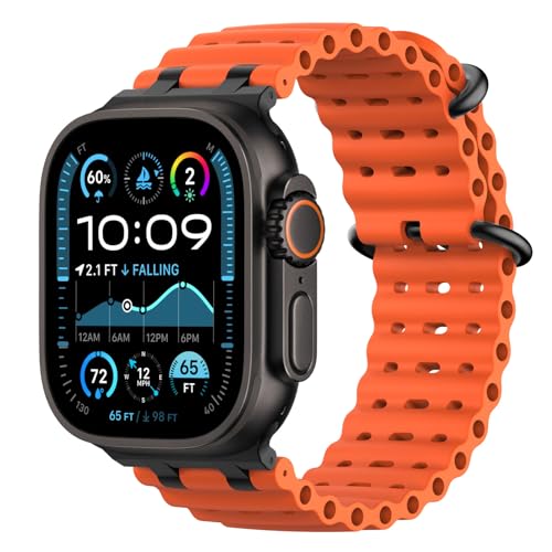 Astorgos Ocean Armband Kompatibel mit Apple Watch Ultra 3/2/1 49mm,S11/S10 46mm,9/8/7 45mm,SE3/SE2/SE/6/5/4 44mm,3/2/1 42mm, Metallanschluss Sport Uhrenarmband für Männer Frauen, Schwarz/Orange