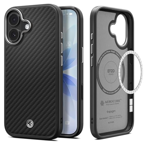 Spigen iPhone 17 Hülle [Spigen Premium Qualität] [2025 Upgrade Kamerasteuerung] Enzo Aramid T MagFit Case [Kevlar 1500D] Dünn Slim Stoßfest -Black Silver