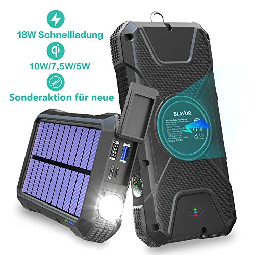 BLAVOR Schnelle Wireless Power Bank 20000mAh,18W Quick Charge 3.0&induktives Laden 10W/7.5W,Solar Ladegerät Verbessert Externer Akku,Tragbare Notfall-Energie mit Type-C Eingangsports,2 USB,LED-Lich
